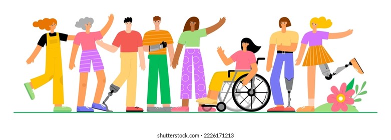 Set of different people. Community of men and women with disabilities and different races. Diversity and unity. Flat vector isolated illustration
