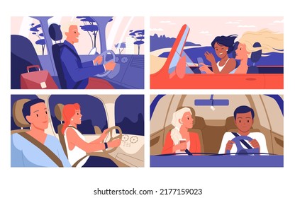 Set of different people and couples driving car. Personal transportation, work vehicle commuting, convertible auto, spending time with friends, family road trip vector illustration