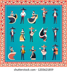 set different people day of dead traditional mexican halloween man woman wearing traditional clothes skeleton mask dia de los muertos holiday party male female cartoon character full length flat