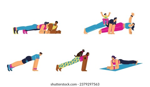 Set of different people doing plank exercise alone and together with kids and animals flat style, vector illustration isolated on white background. Decorative design elements collection, sport