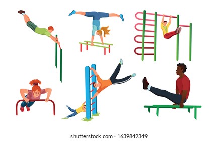 Set of different people doing sport workout on the street. Vector illustration in flat cartoon style