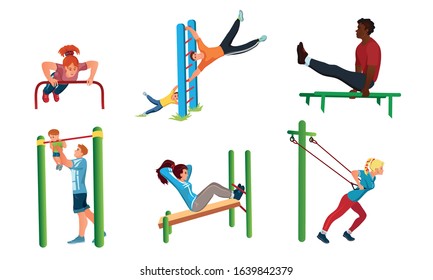 Set of different people doing sport workout on the street. Vector illustration in flat cartoon style