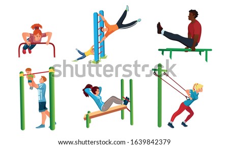 Set of different people doing sport workout on the street. Vector illustration in flat cartoon style