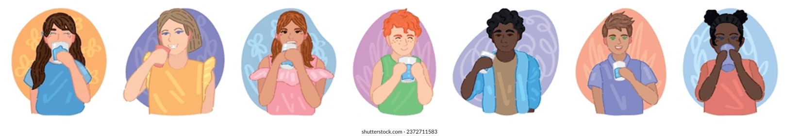 Set of different people drinking water on white background