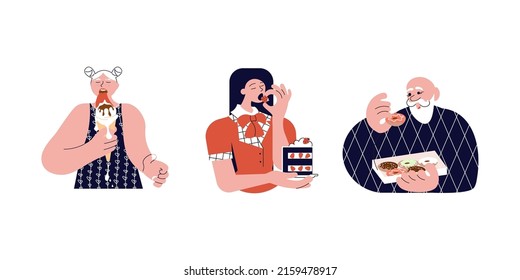 Set of different people eat confection. Young and elderly sweet-tooths with sweet pastries and icecream isolated on white background. Flat Art Vector illustration