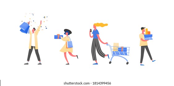 Set of different people enjoying big sale vector flat illustration. Collection of shopaholic man and woman celebrating black friday or seasonal discount holding shopping bags and gift boxes isolated