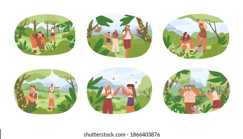 Set of different people exploring nature vector flat illustration. Collection of man and woman explorers contemplate to animals, plants isolated on white. Researchers use binocular and magnifier