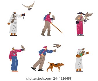 Set of different people with falcons flat style, vector illustration isolated on white background. Decorative design elements collection, falconry, flying and sitting on hands birds