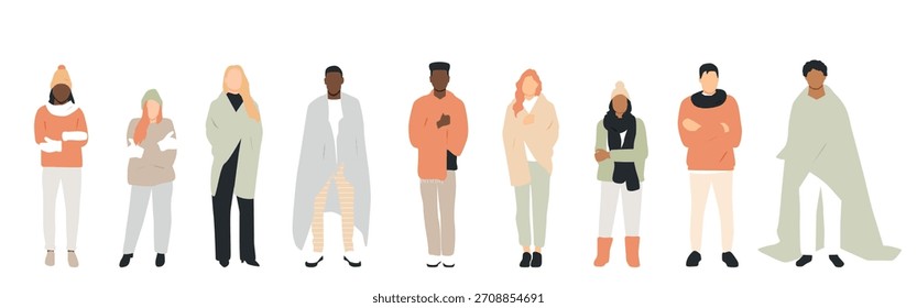 Conjunto de diferentes personas sintiendo frío. Hombres y mujeres con bufandas y mantas.
