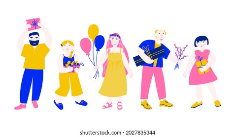 Conjunto de personas diferentes con regalos.  Personajes con cajas de vacaciones, flores y globos de aire en sus manos. Simple ilustración vectorial plana con jóvenes yendo a fiesta de cumpleaños