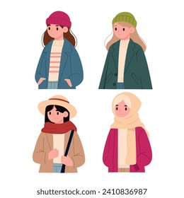 Set of different people girls in winter clothes. Vector illustration in flat style