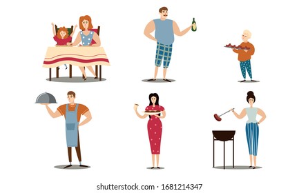 Set of different people grilling sausages on fire. Vector illustration in flat cartoon style.