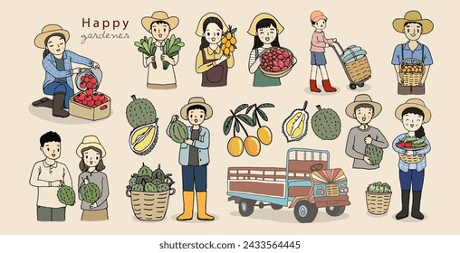 Set of different people holding fruit and vegetable. Man and woman with fresh vegetables and fruits isolated on white. Farmers and gardeners doing job. Hand drawn style vector illustration.