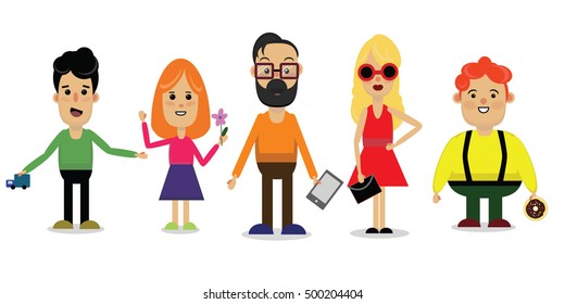 Set of different people isolated on white background. Different age. Lady. Woman. Girl. Geek, hipster with tablet. Boy with toy. Fat boy with donut,