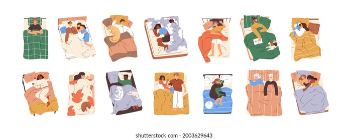 Set of different people lying under blankets, sleeping and dreaming in beds. Asleep couples, families, alone man and woman, child with toy. Bedtime concept. Flat vector illustration isolated on white.
