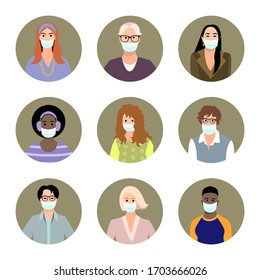 Set of different people in medical masks avatars.  Male and female characters faces. Men and women icon collection. Prevention COVID-19. Medicine concept. Vector illustration in flat cartoon style