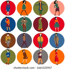 A set of different people, men and women in different poses and in different clothes. Vector illustration.