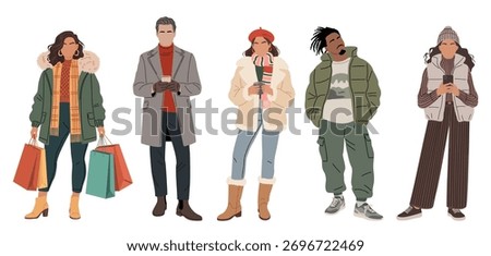 Set of different people in modern winter outfits. Minimalist fashion design with coats, scarves, and parkas on white background, clean urban aesthetic. Flat vector illustration