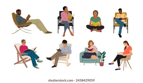 Set of different people, multiracial men, women reading book, sitting on chair, lying on sofa, standing, pregnant woman. Book loving concept. Cartoon vector characters on white background.