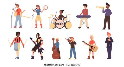 Set of different people different nationality playing different music instruments. Guiatar, acustic, metal, drum, keyboard, sing and viola. Flat color vector illustration.