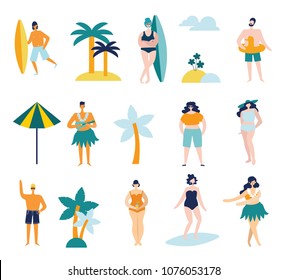 Set of different people on the beach in flat style