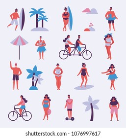 Set of different people on the beach in flat style