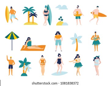 Set of different people on the beach in flat style