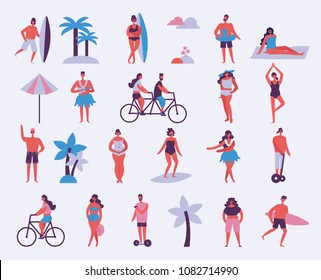 Set of different people on the beach seaside in flat style