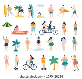 Set of different people on the beach seaside in flat style