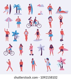 Set of different people on the beach seaside in flat style