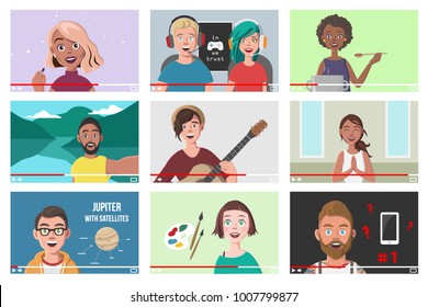 Set Of Different People On Internet Videos. Beauty Blogger. Gamers. Yoga Blogger. Cooking Blog. Music Covers. Travel Vlog. Science Nerdy Vlog. Artist Tutorials Vlog. Vector Illustration.