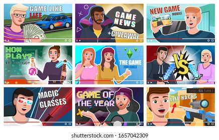 Set of different people on internet videos. People bloggers on video screen. Tuber characters vlog. Set of preview for vlogs of video blogger on different topics like life hacks, game news, how play