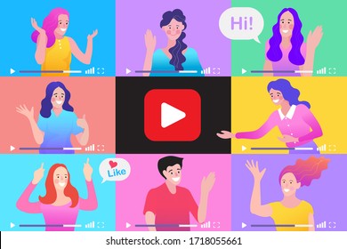 Set Of Different People On Internet Videos. Video bloggers. Digital content makers multimedia creator web entertainment young people influencers vector internet characters.