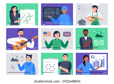 Set of Different People on Internet Videos. Online Education, E-learning, Studying at Home. Vector Flat Illustration.