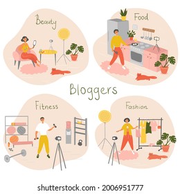 Set of different people on internet videos. Beauty, food, fitness, fashion blogger. Cosmetics Reviews. Cooking Blog. Sport video. Artist Tutorials Vlog. Stylist advice. Vector illustration