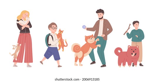 Set of different people pet owners. Diverse man woman children spending time with domestic animals. Playing, hugging, cutting, feeling love to cats and dogs. People and dogs friendship cartoon vector