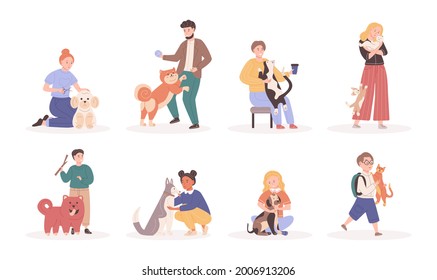 Set of different people pet owners. Diverse man woman children spending time with domestic animals. Playing, hugging, cutting, feeling love to cats and dogs. People and dogs friendship cartoon vector