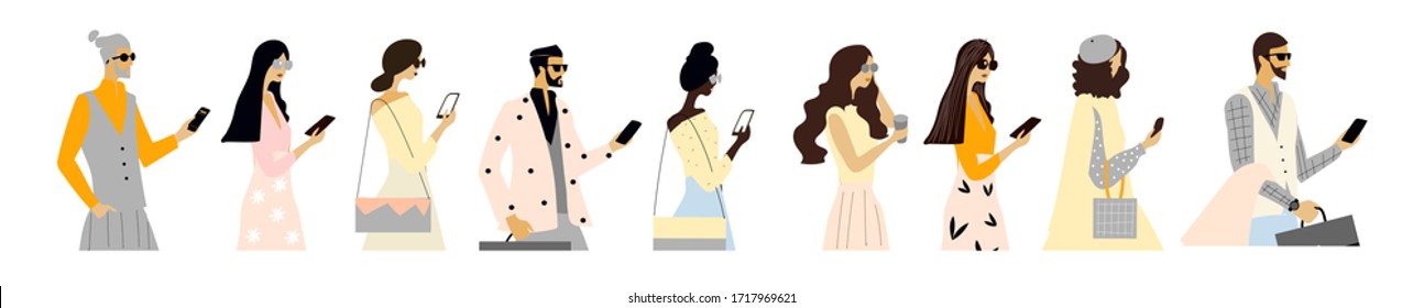 
Conjunto de personas diferentes con un teléfono. Ilustración vectorial para banner, afiche, publicidad, negocios, impresión, sitio.