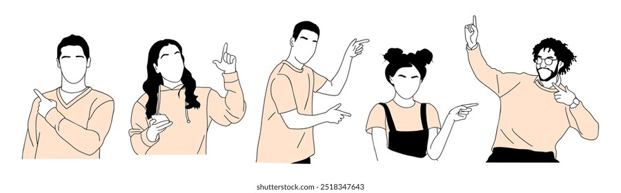 Set of different People pointing to the side, up and down with fingers. Happy excited men, women showing with hands, positive emotions. Vector Characters for the presentation of goods or services.