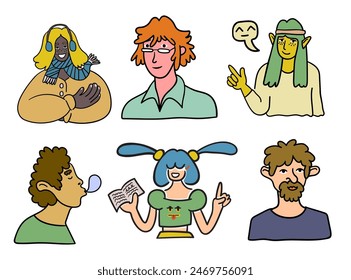 set different people portrait in doodle style in vector. template for avatar design sticker coloring postcard poster print