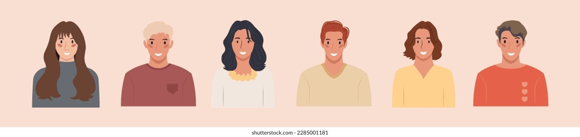 Set of different people portraits of diverse big business team vector flat illustrations. Collection of avatars of people, men and women. Group of happy smiling coworkers.