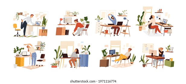 Set of different people practicing workout at workplace the table with a computer. Vector isolated. Collection of various employees doing warm up at office. Man and woman stretching by taking a break.