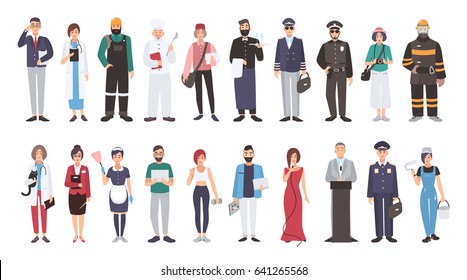 Set of different people profession. flat illustration. Manager, doctor, builder, cook, postman, waiter, pilot, policeman, photographer, fireman, veterinarian, teacher, maid, programmer and other.