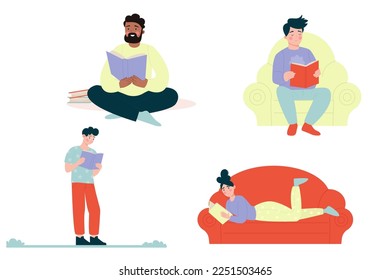 Set of different people reading a book. Vector illustration