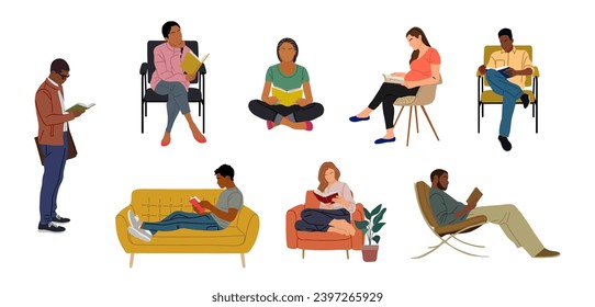 Set of different people reading book vector.