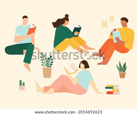 Set of different people reading books. Flat illustration of men and women enjoying reading at home during covid pandemic.