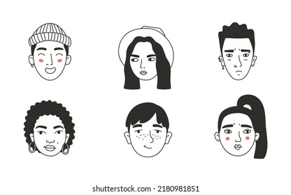 Set of different people s faces, human avatars collection. Different emotions, portrait with a positive facial expression.