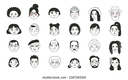 Set of different people s faces, human avatars collection. Different emotions, portrait with a positive facial expression.