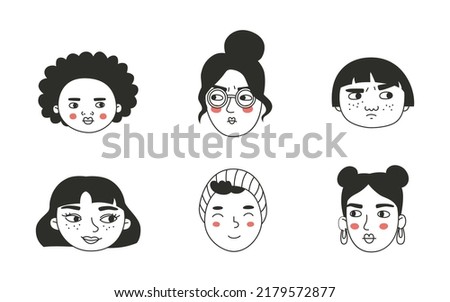 Set of different people s faces, human avatars collection. Different emotions, portrait with a positive facial expression.