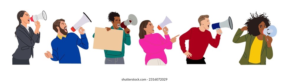 Set of different people shouting through megaphone, loudspeaker, making announcement. Internet advertisement, marketing, promotion, sale. Realistic vector illustrations isolated on white background